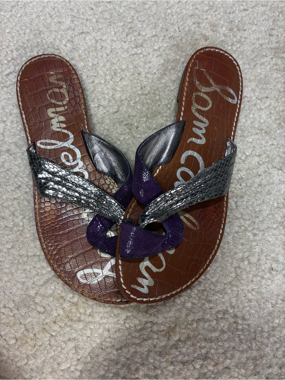Sam Edelman Metallic Silver and Purple Knot Slide Sandals
